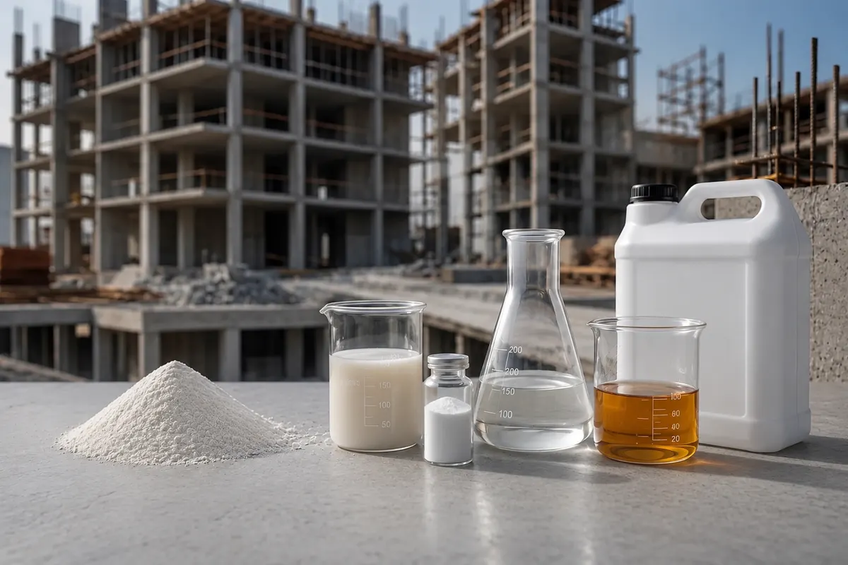 Construction raw material samples on-site with a building under construction in the background